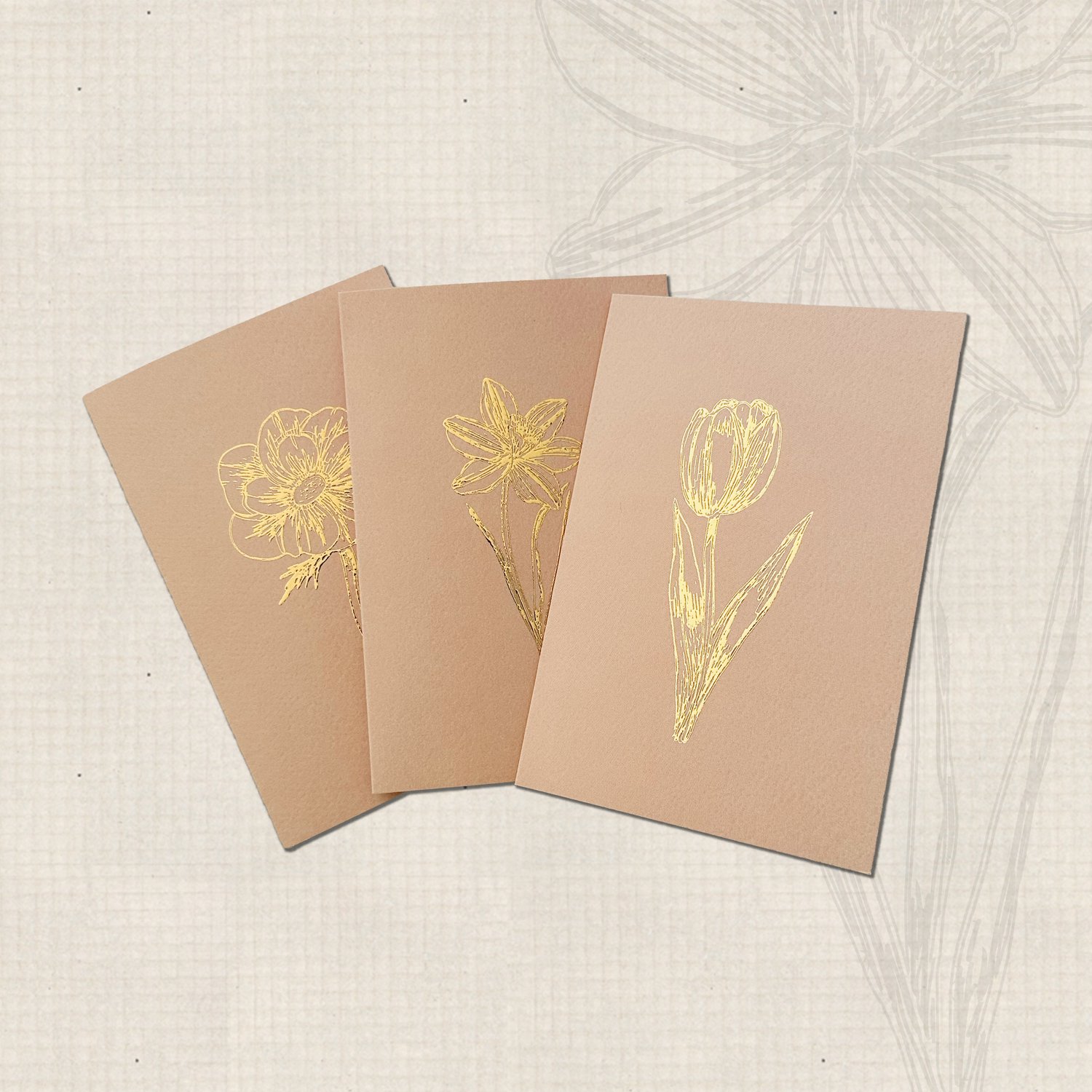 HeidDesign - Kaarten - Bloemen - Gouden Foliedruk - Beige - Gevouwen - Met Envelop - Luxe papier