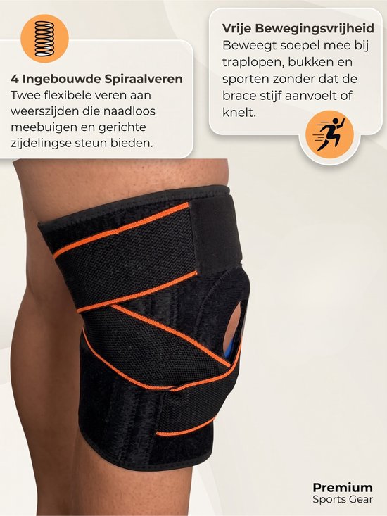 Zwarte kniebrace met oranje banden en ingebouwde spiraalveren voor zijdelingse ondersteuning.