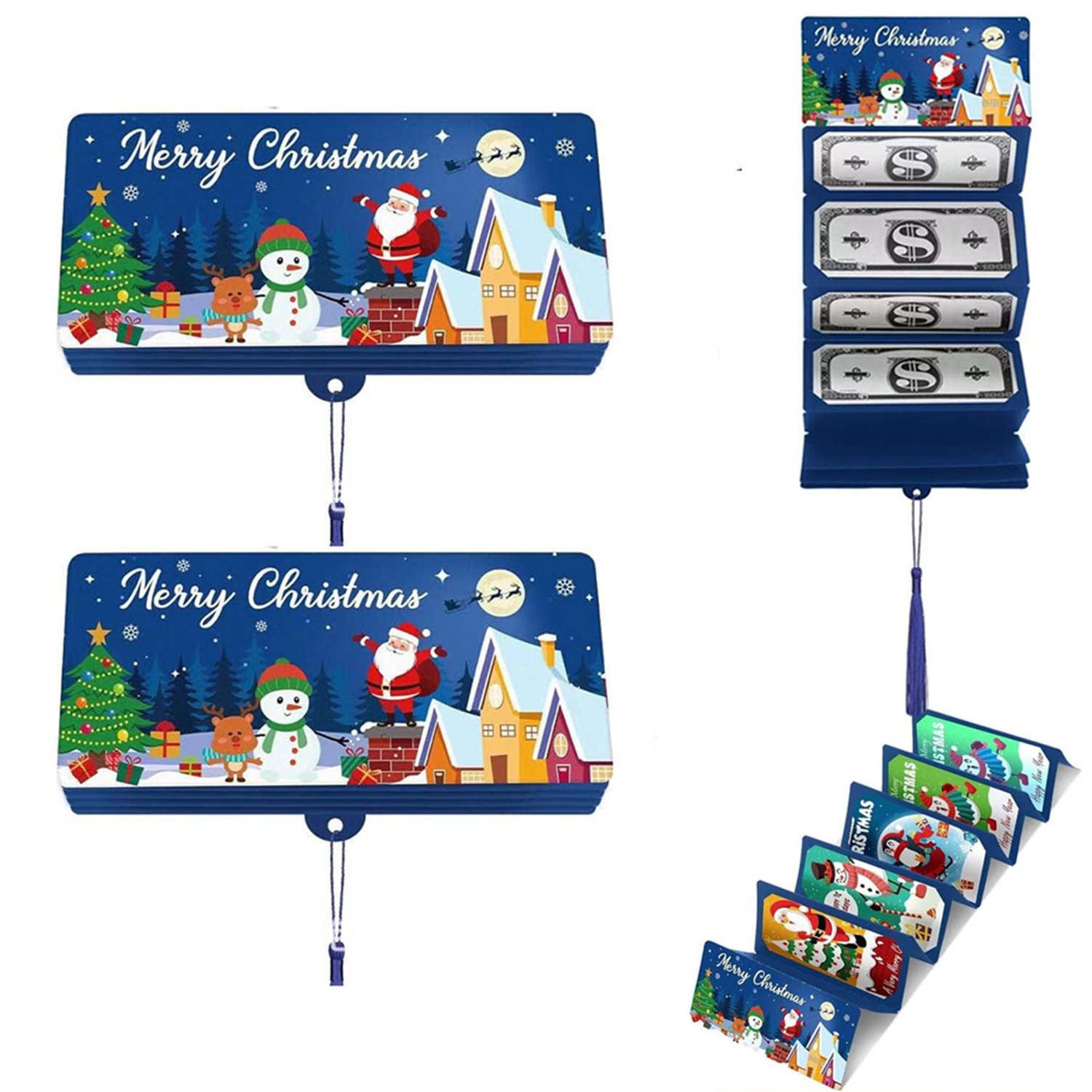 2 stuks Kerstgeld cadeau envelop, kerst verrassingsgeldhouder met 10 compartimenten, Kerstman geldclip, doe-het-zelf kerstcadeaus met contant geld voor familie en vrienden - Blauw
