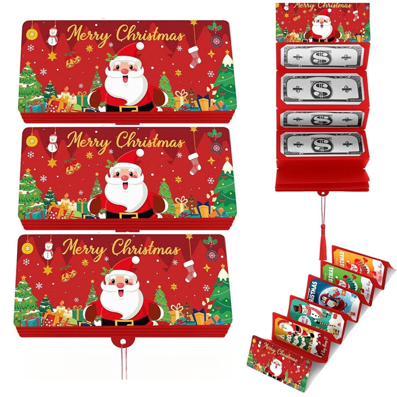 3 stuks Kerstgeld cadeau envelop, kerst verrassingsgeldhouder met 10 compartimenten, Kerstman geldclip, doe-het-zelf kerstcadeaus met contant geld voor familie en vrienden - Rood
