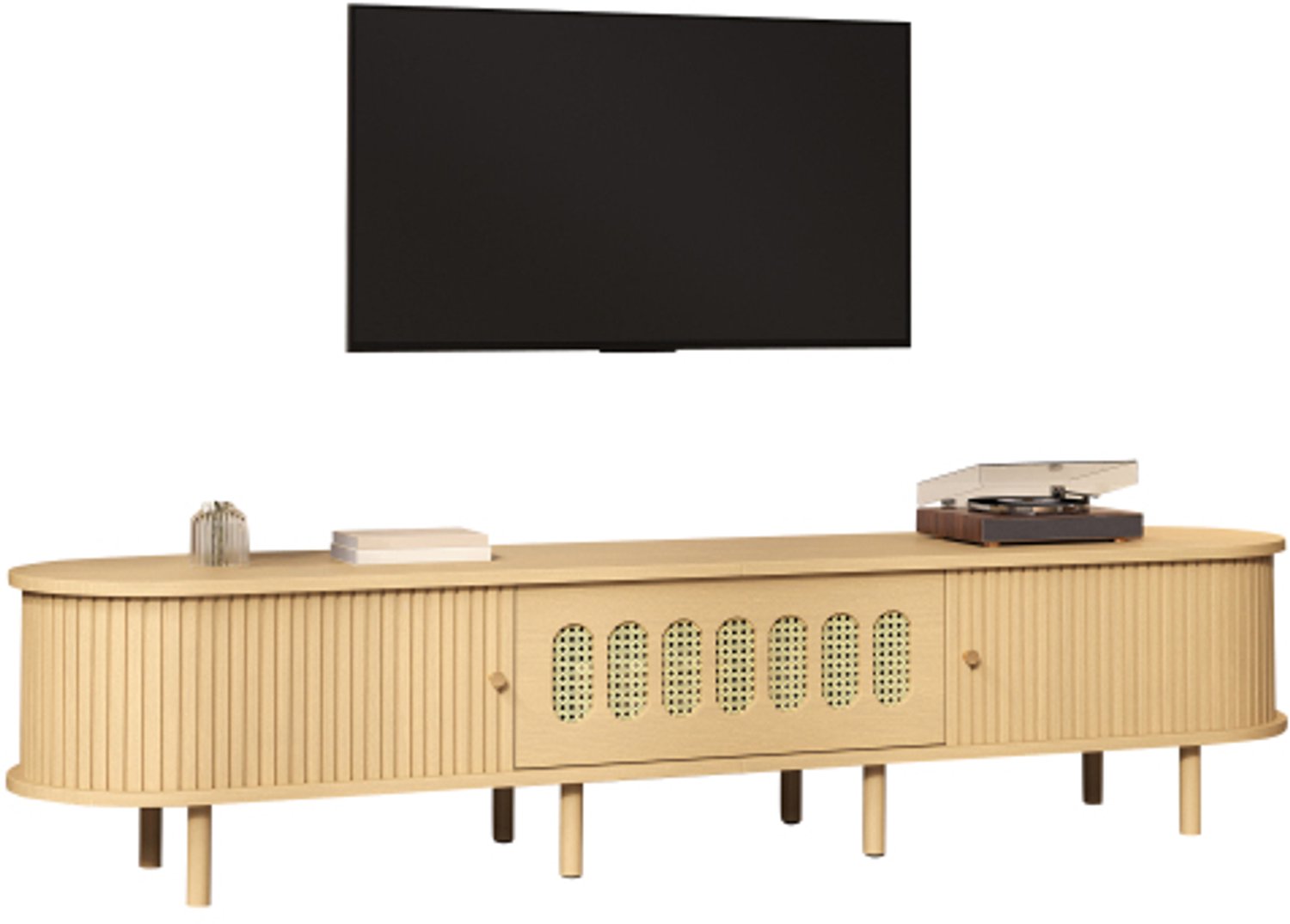 Welltin TV-meubel - Voor tv tot 75 inch - 2 roldeuren en klepdeur -180 x 40 x 40 cm - Voor woonkamer - Naturel