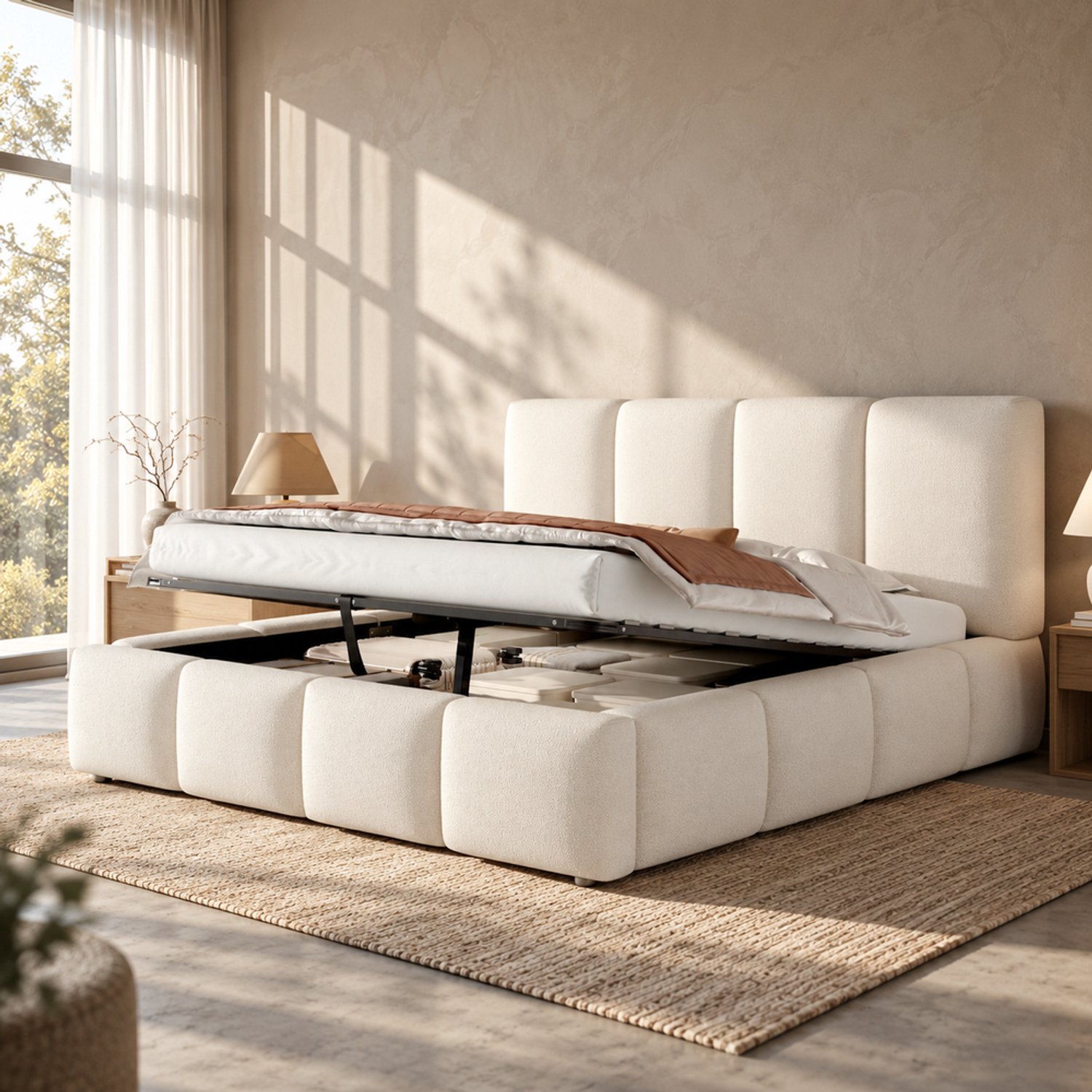 Pugsdrly Gestoffeerd tweepersoonsbed, 160 × 200 cm, hydraulisch verstelbaar bed, bed met lattenbodem, hoofdeinde en ruime opbergruimte, gestoffeerd hoofdeinde, wit bouclé