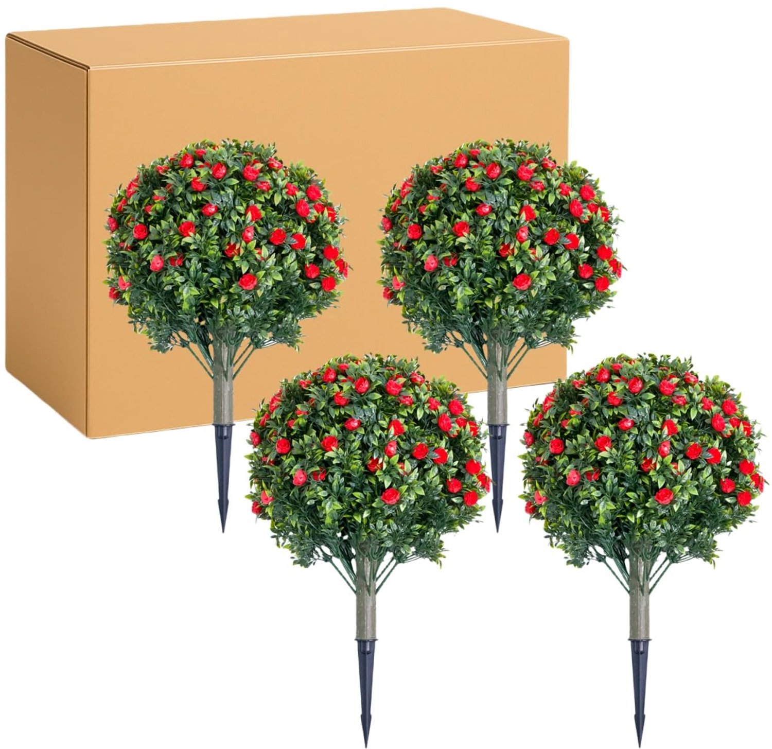 Danky - Kunstmatige topiary bloemballen met grondpennen - 60 x 40 cm - Rood - 4 stuks