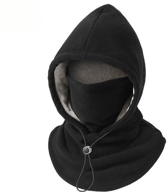 Zwarte bivakmuts met trekkoord en grijze voering, getoond op een mannequin voor een helder beeld.