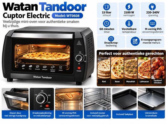 Watan Tandoor Mini Oven WT0608 – Elektrische Tandoor Oven & Pizzaoven – 15 Liter – 2100W – Ideaal voor Authentieke Naan, Roti, Lahmacun & Kip Tandoori – Inclusief Bakplaat & Rooster – Zwart — afbeelding 3