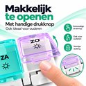 Vinger opent een paars Lifell pillenvakje met drukknop; icoon toont het gebruiksgemak voor ouderen.