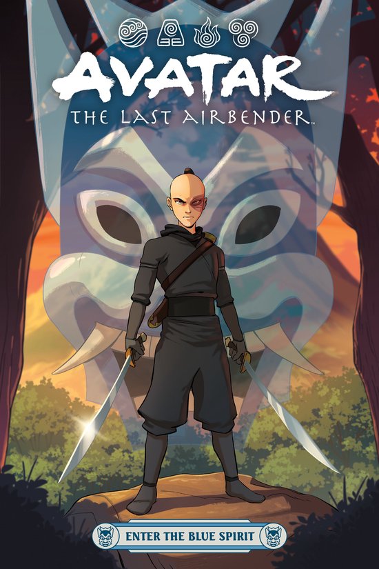 Zuko als de Blue Spirit met twee zwaarden voor een spookachtig masker. Tekst: Avatar: The Last Airbender - Betreed de Blue Spirit.