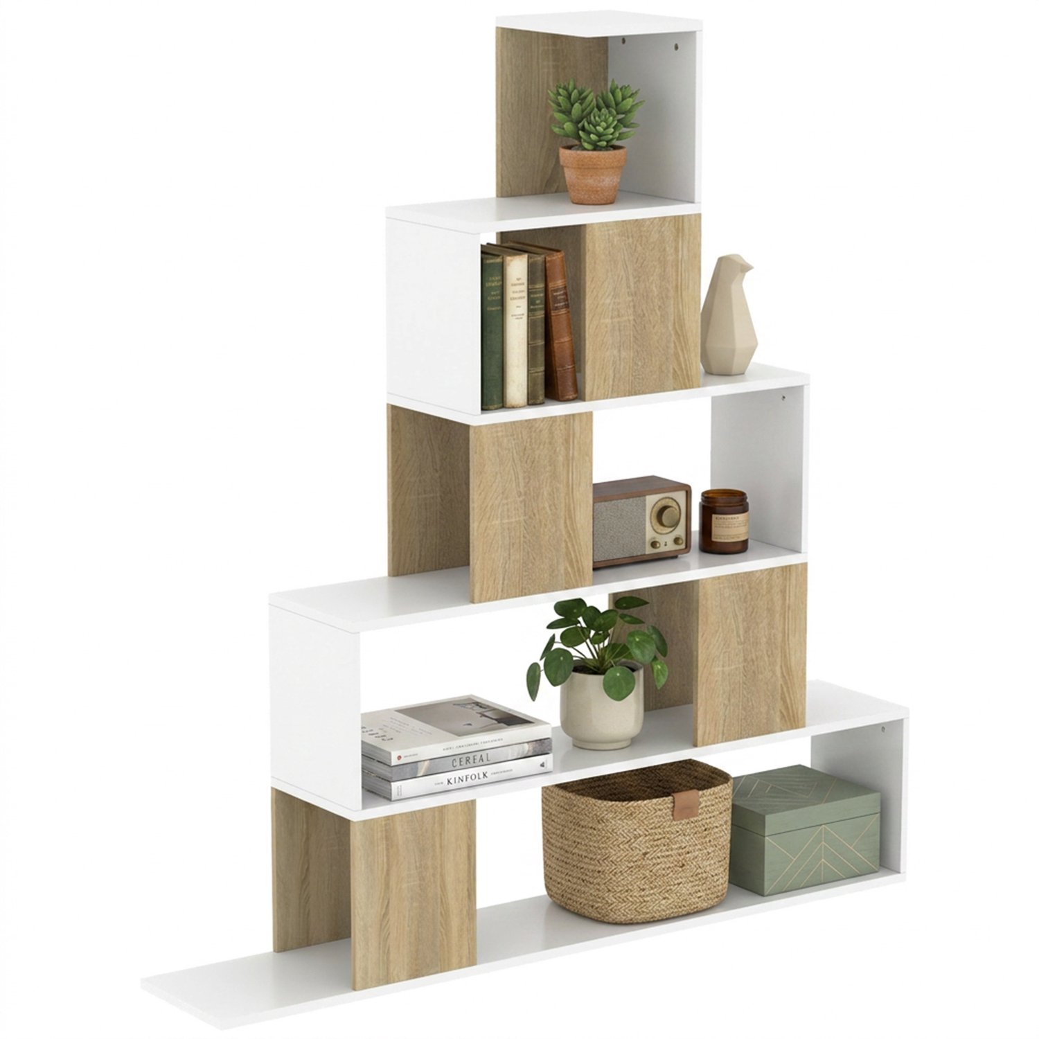 Lunpog Boekenkast - Geometrische boekenkast met vijf planken - Ruimteverdelende opbergkast - Wit