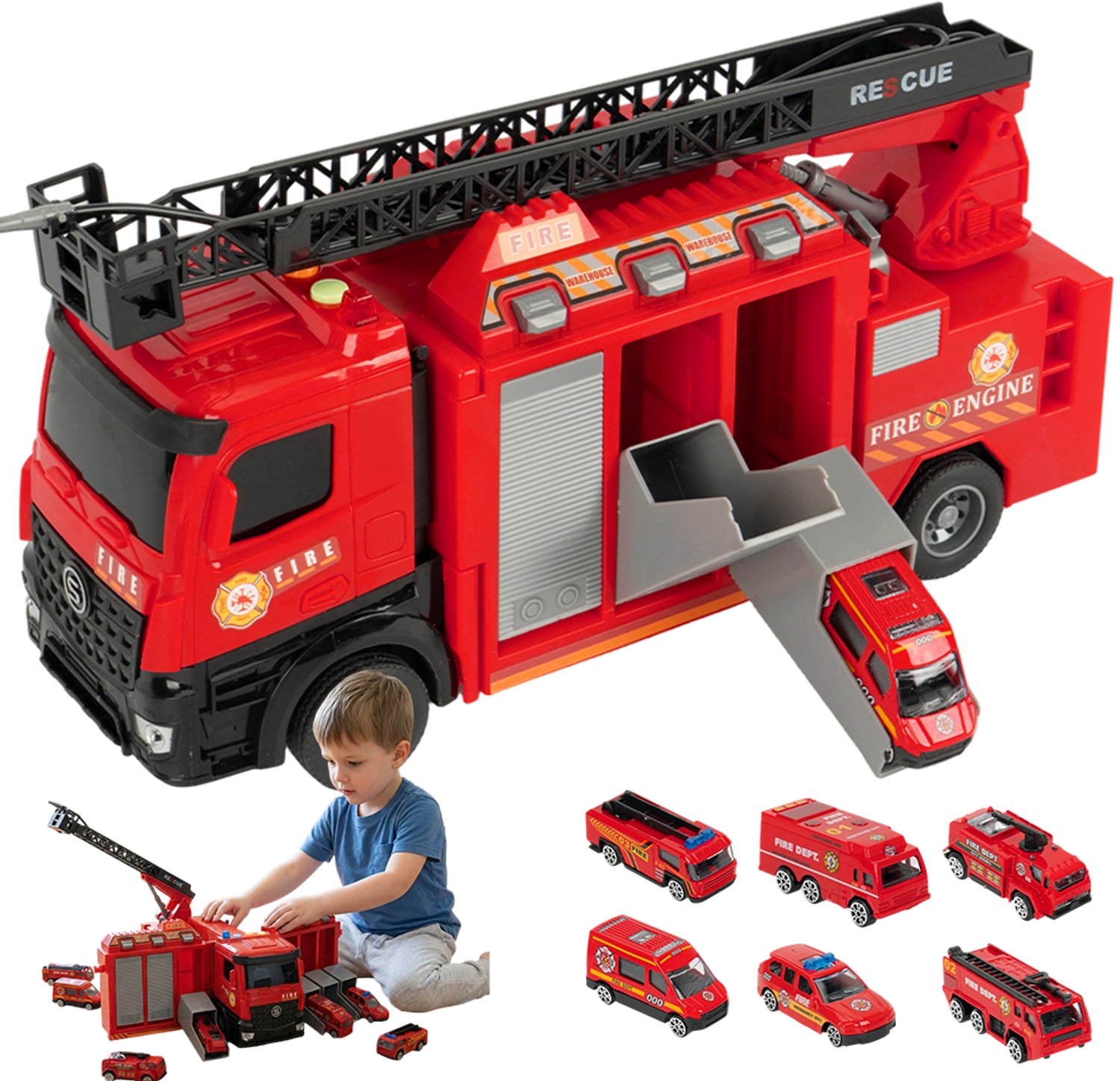 Brandweerauto Set - Brandweerwagen - Reddingsvoertuig - Brandweerauto Speelgoed - Transportvoertuig - Reddingsspel - Inertie - Licht & Geluid - Uitschuifbare Ladder & Waterkanon - Kinderspeelgoed - Rollenspel - Voor Kinderen Vanaf 3 Jaar