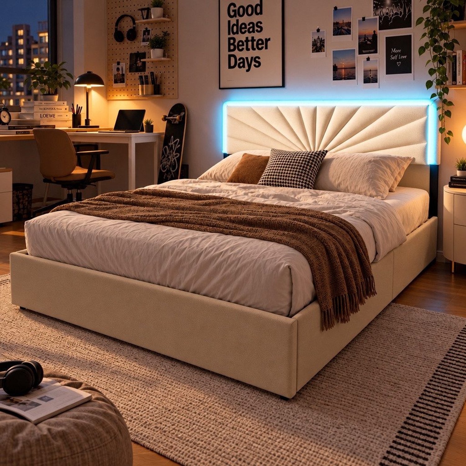Mofor Gestoffeerd opbergbed 160x200 cm met 4 lades en lattenbodem - RGB LED-verlichting - verstelbaar hoofdbord - linnen bekleding - beige