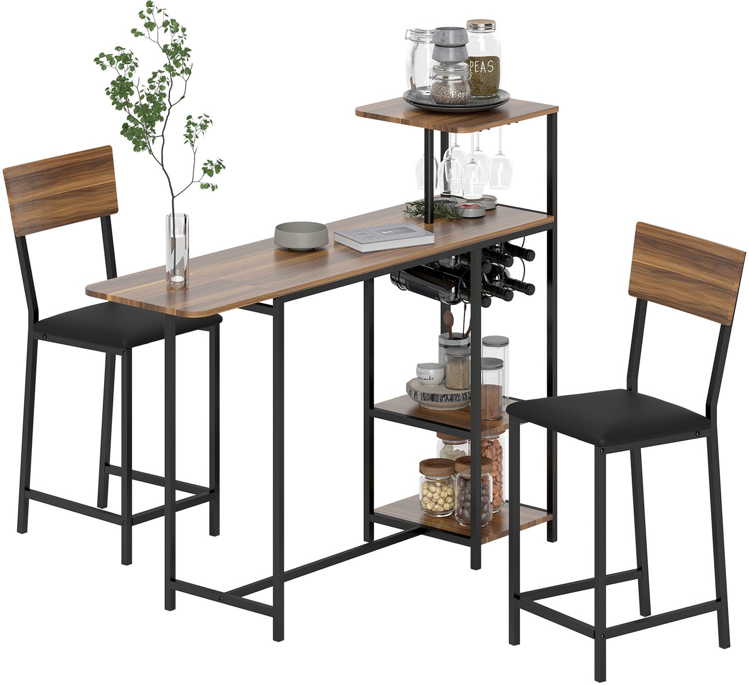 Lunpog Bartafel met 2 Barkrukken – Industriële Bartafelset met Uitschuifbare Planken en Glashouder – Bistrotafel voor Keuken - Woonkamer en Eetkamer - bruin