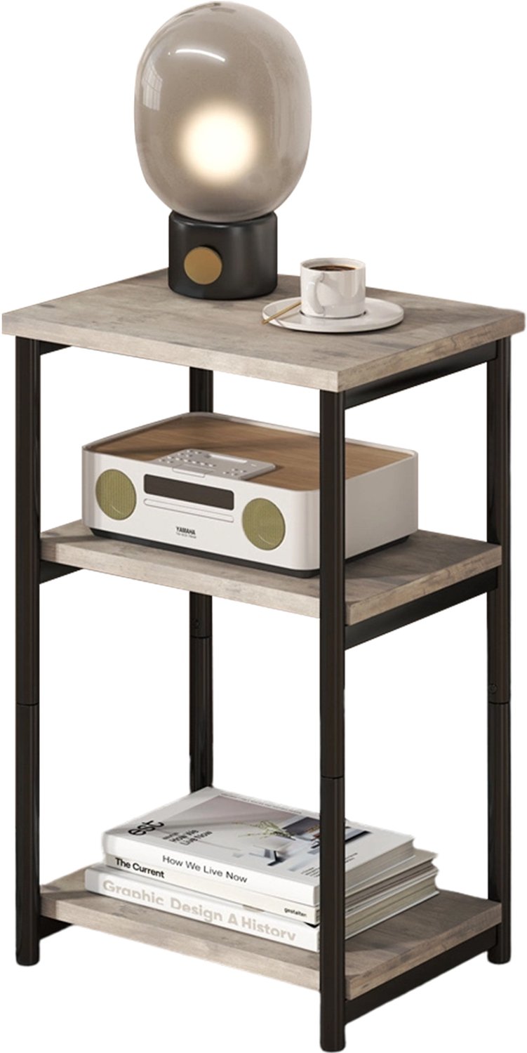 Triumpunpre Smal Bijzettafel / Sidetable 3-Lagen - Klein Tafeltje & Tafel naast het Bed met Open Opbergruimte & Verstelbare Voetjes - 46 x 20 x 63 cm - Grijs Houtlook & Metalen Frame - Voor Woonkamer & Slaapkamer