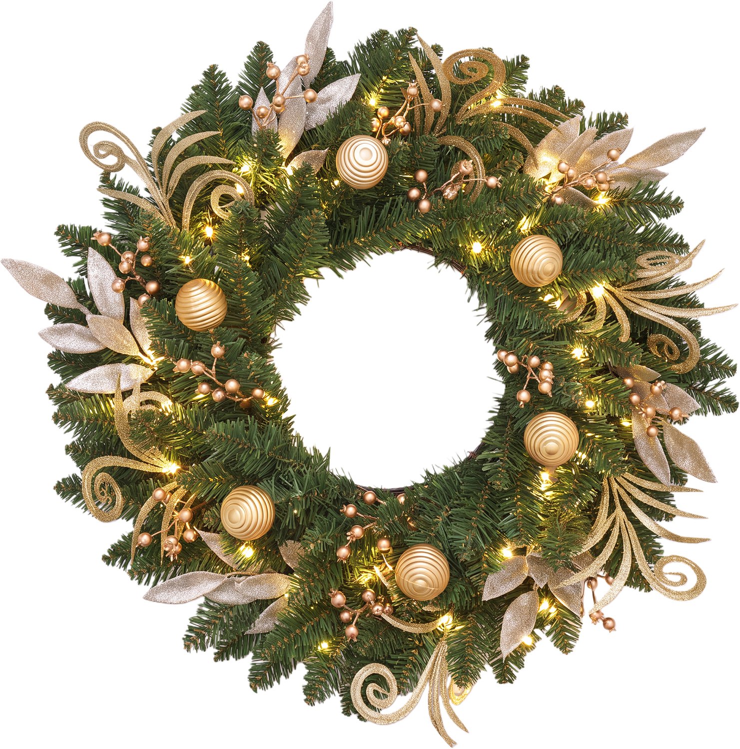 Moderne Kerstkrans 60 cm – Met Gouden Bladeren, Diamantdecoratie & Glitterballen – 50 LED Lampjes – Realistische Dennennaalden – Voor Voordeur, Muur & Raam – Goud