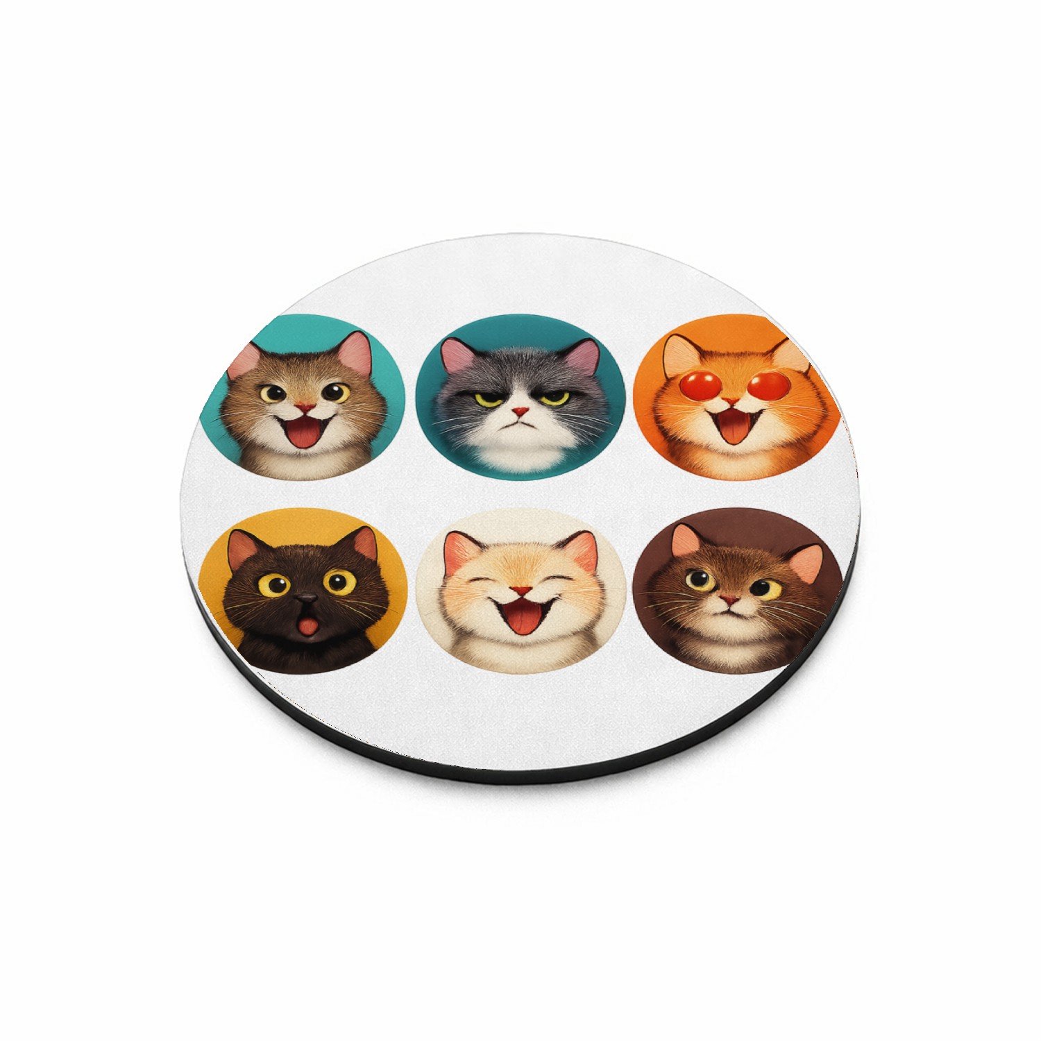 Mr Cadeautjes MDF magnetische fotolijst rond Ø 9,5 - design Set van zes expressieve kattenportretten met verschillende s | cadeau Wit