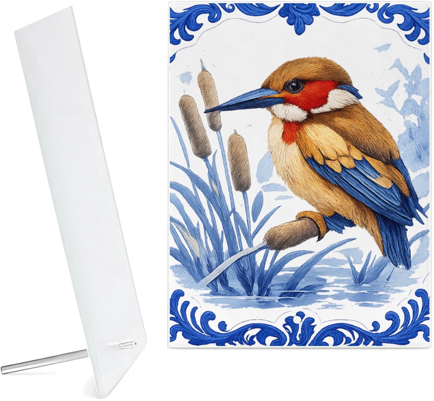 Mr Cadeautjes Glazen fotopaneel Elegante zeedier-illustratie met porseleinen rand - 15 x 20 cm, staand - glas, decoratie, wanddecoratie | cadeau Wit