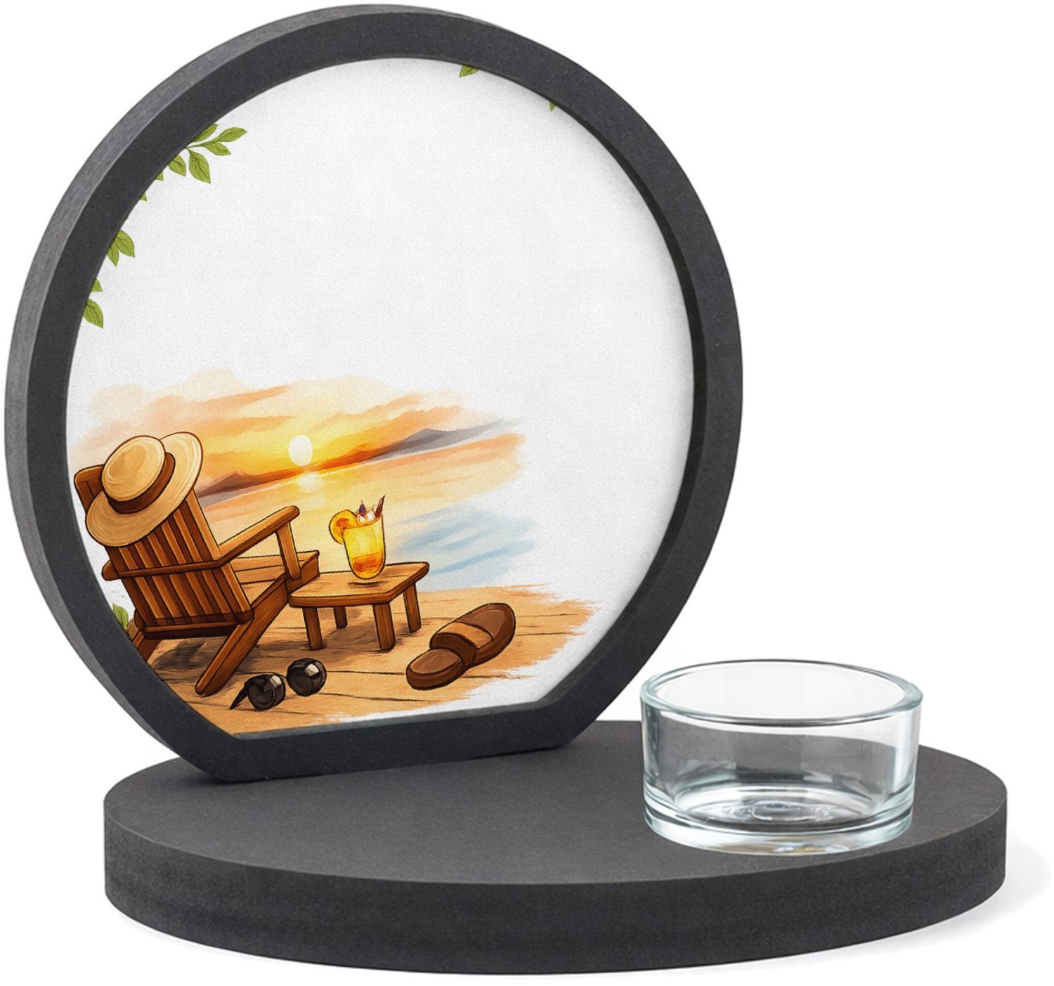 Mr Cadeautjes MDF inleg theelichthouder ~8 cm - design Een vrolijke vrije-tijdsscène in een ligstoel op het strand | cadeau Wit