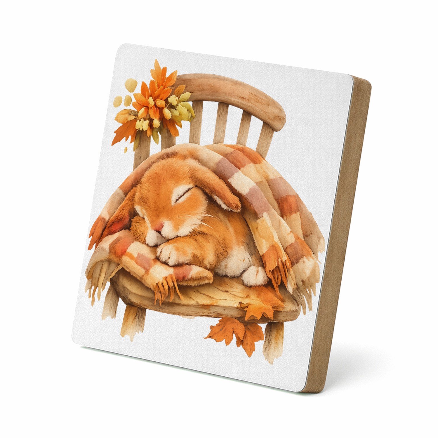 Mr Cadeautjes MDF staande fotolijst 15,2 x 15,2 - design Een uitgestrekte konijnendut onder een plaid op een houten s | cadeau Wit