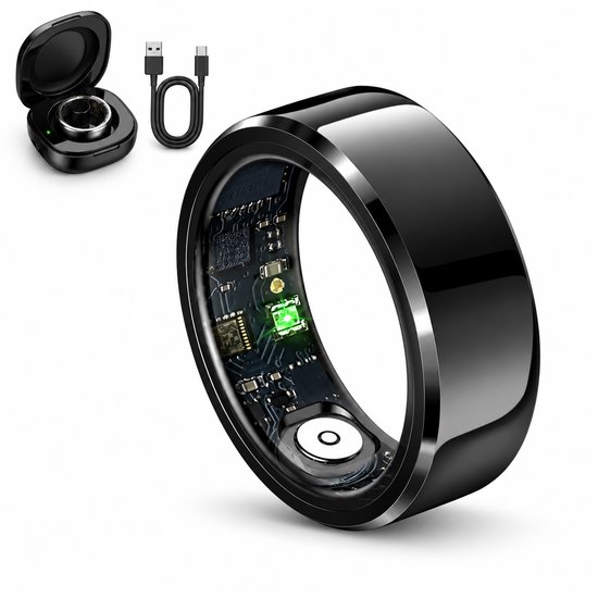 Zwarte smart ring met zichtbare interne elektronica en groen sensorlicht, inclusief oplaadcase en kabel.