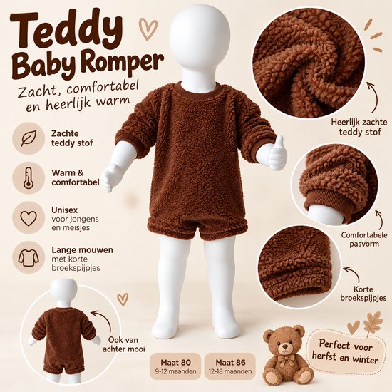 Teddy Baby Romper in bruin met details over zachte stof, pasvorm en maten 80-86.