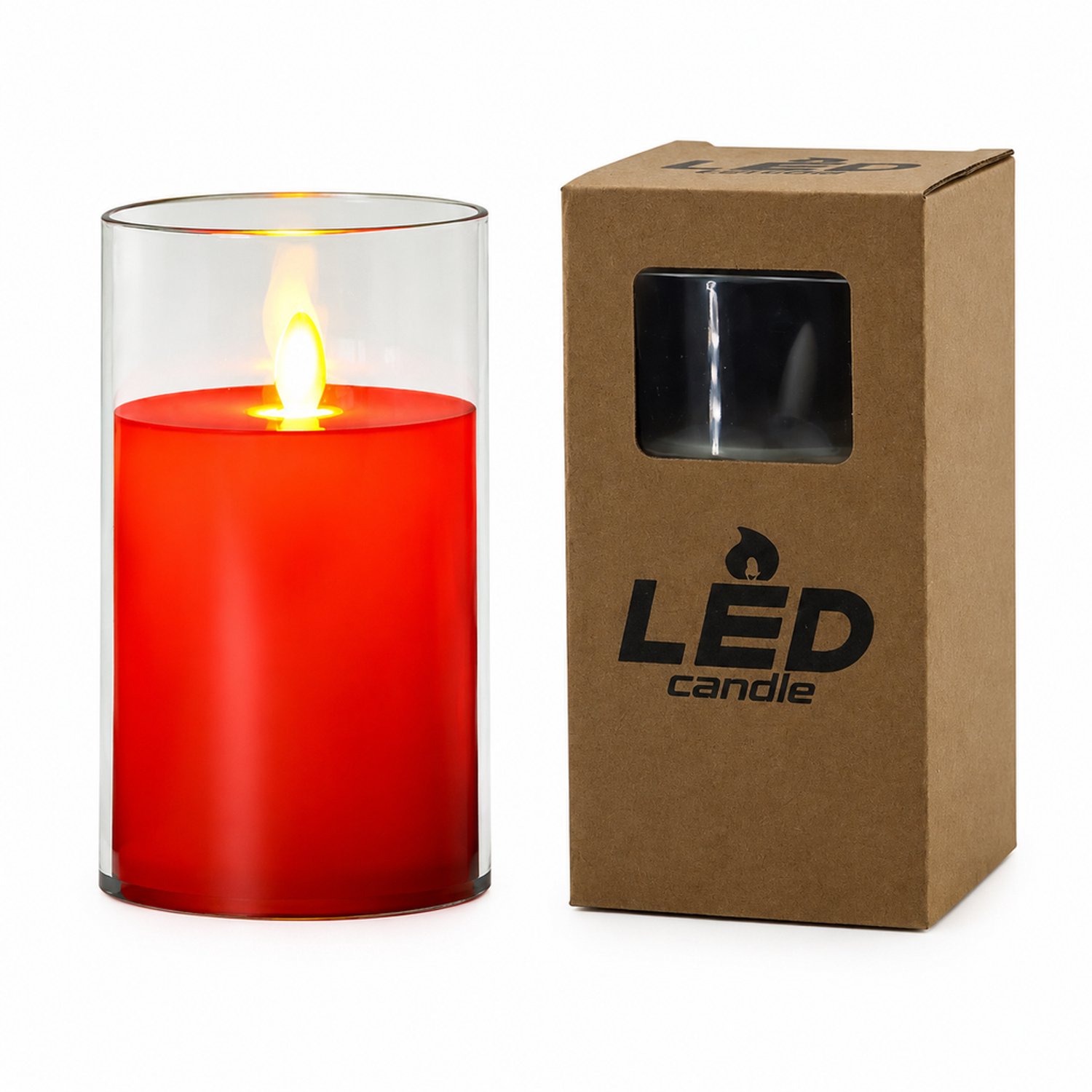 SWGOTA led kaarsen - rode kaars met bewegende vlam, 1 stuk, 7,5 x 12,5 cm, transparante kap, in doos, batterijen niet inbegrepen Rood