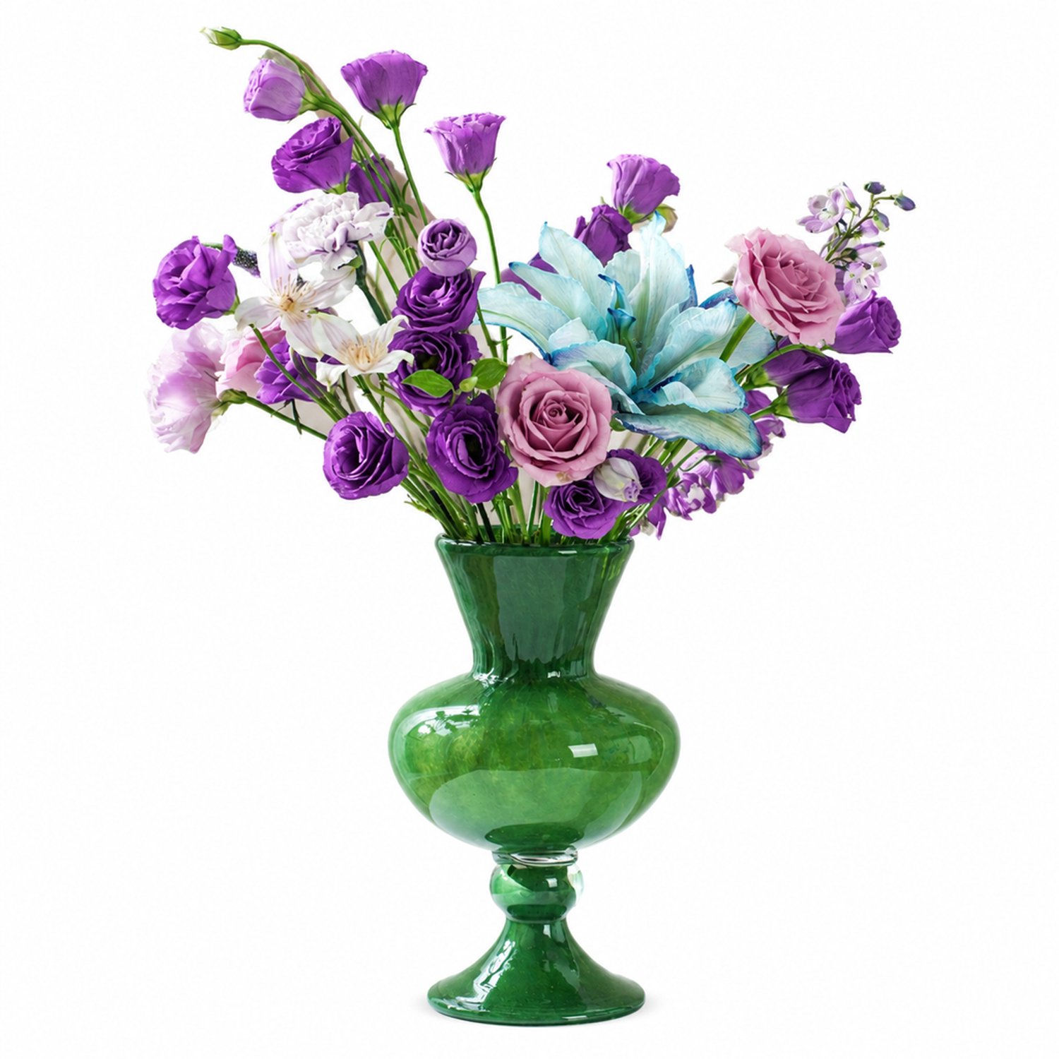 SWGOTA Groene glazen vaas op hoge voet met uitlopende hals en ronde buik, voor kunstbloemen en tafeldecoratie, in kartonnen doos