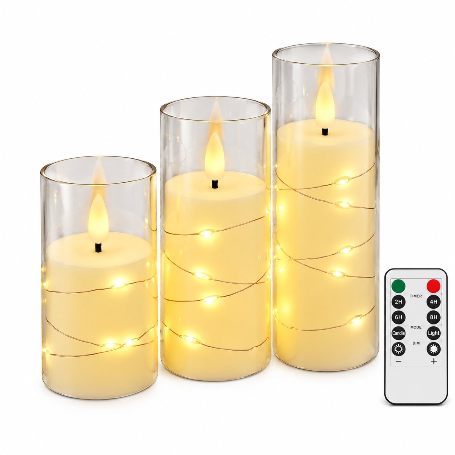 SWGOTA led kaarsen, set van 3, 50-lampjesuitvoering met afstandsbediening, warmgeel licht en transparante hulzen Ivoor