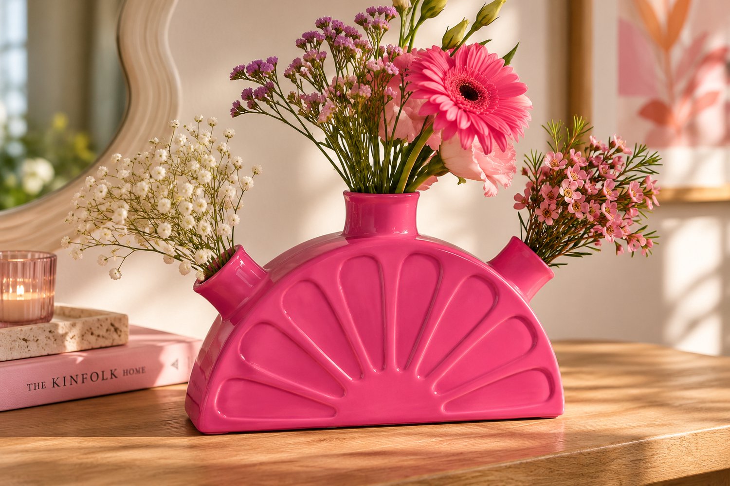 Ideas 4 Seasons Tulpenvaas - vaas - fuchsia - pink - meloen - roze - vensterbankvaas - handmade - H18 x Br28 x diep 6 cm