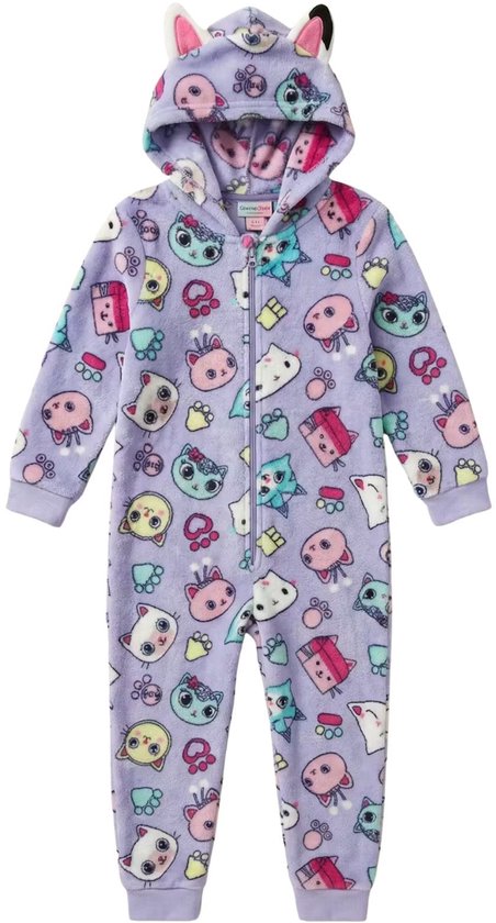 Paarse Gabby's Dollhouse onesie van fleece met kattenprint, capuchon met oortjes en ritssluiting.