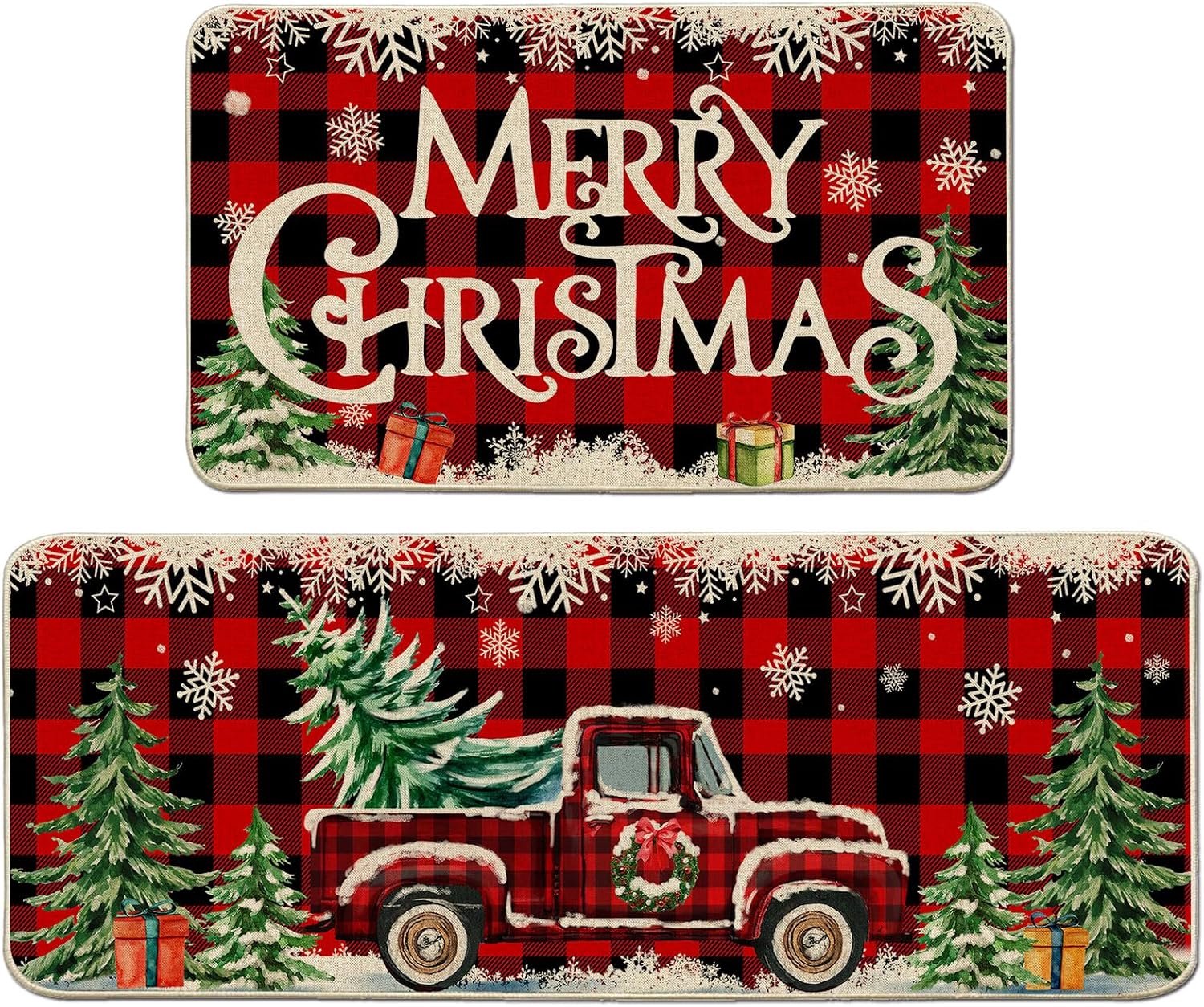 YAGXIG Kerstkeukenmat - Kersttapijt - Deurmat - Vloermat - Kerstkeukendecoratie - Kerstkeukentapijt Set van 2 - Geschikt voor badkamer, huis, binnen (40*60+40*120cm) Rood