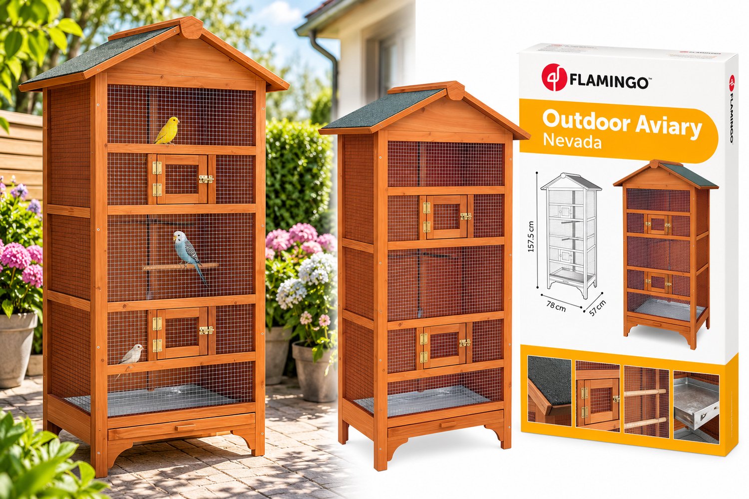 Bol.com Volière Classic Nevada Bruin – houten volière voor buiten & binnen – 78x57x157,5 cm – Flamingo vogelkooi hout aanbieding