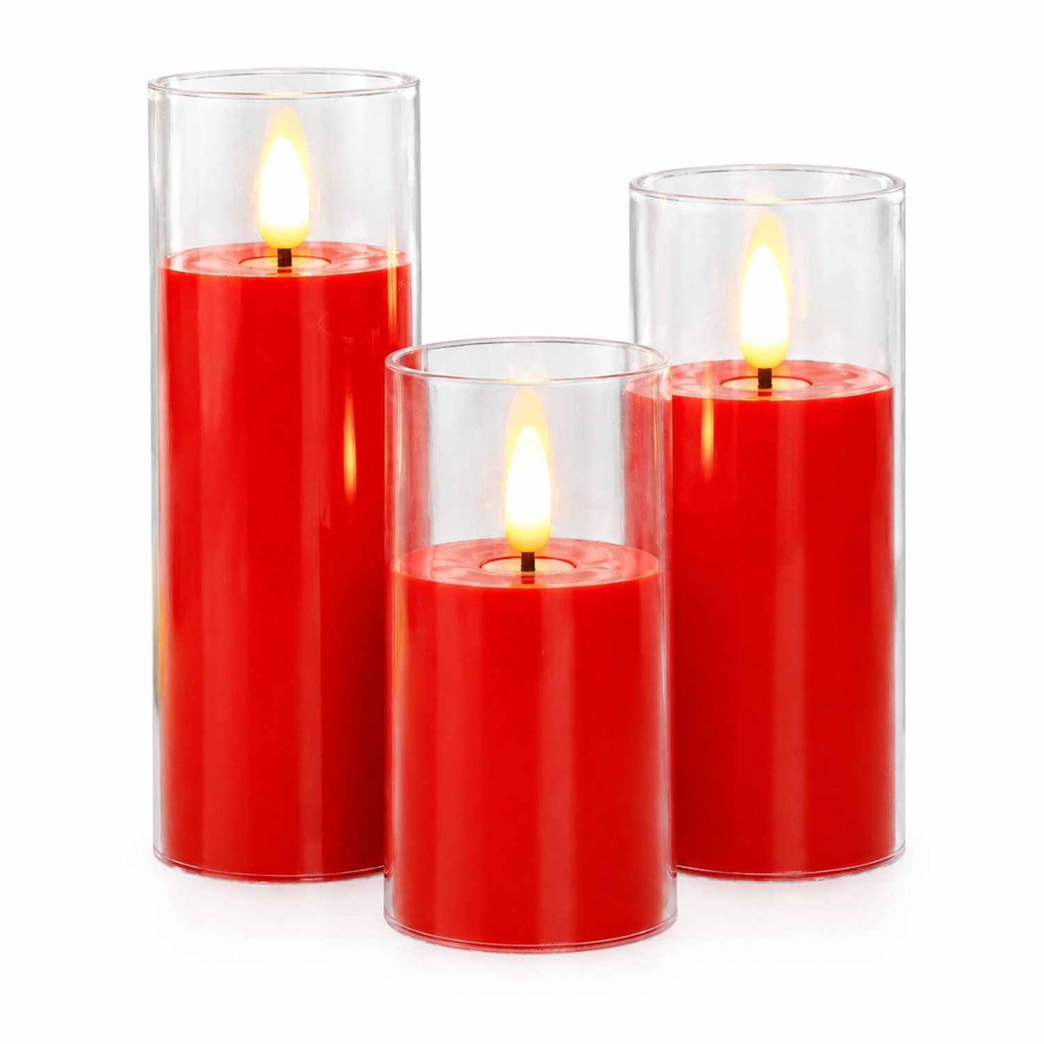 SWGOTA led kaarsen, set van 3, rood met transparante kap en vlamvormige lichtpunt, diameter 5,5 cm, hoogtes 10/12,5/15 cm, op batterijen