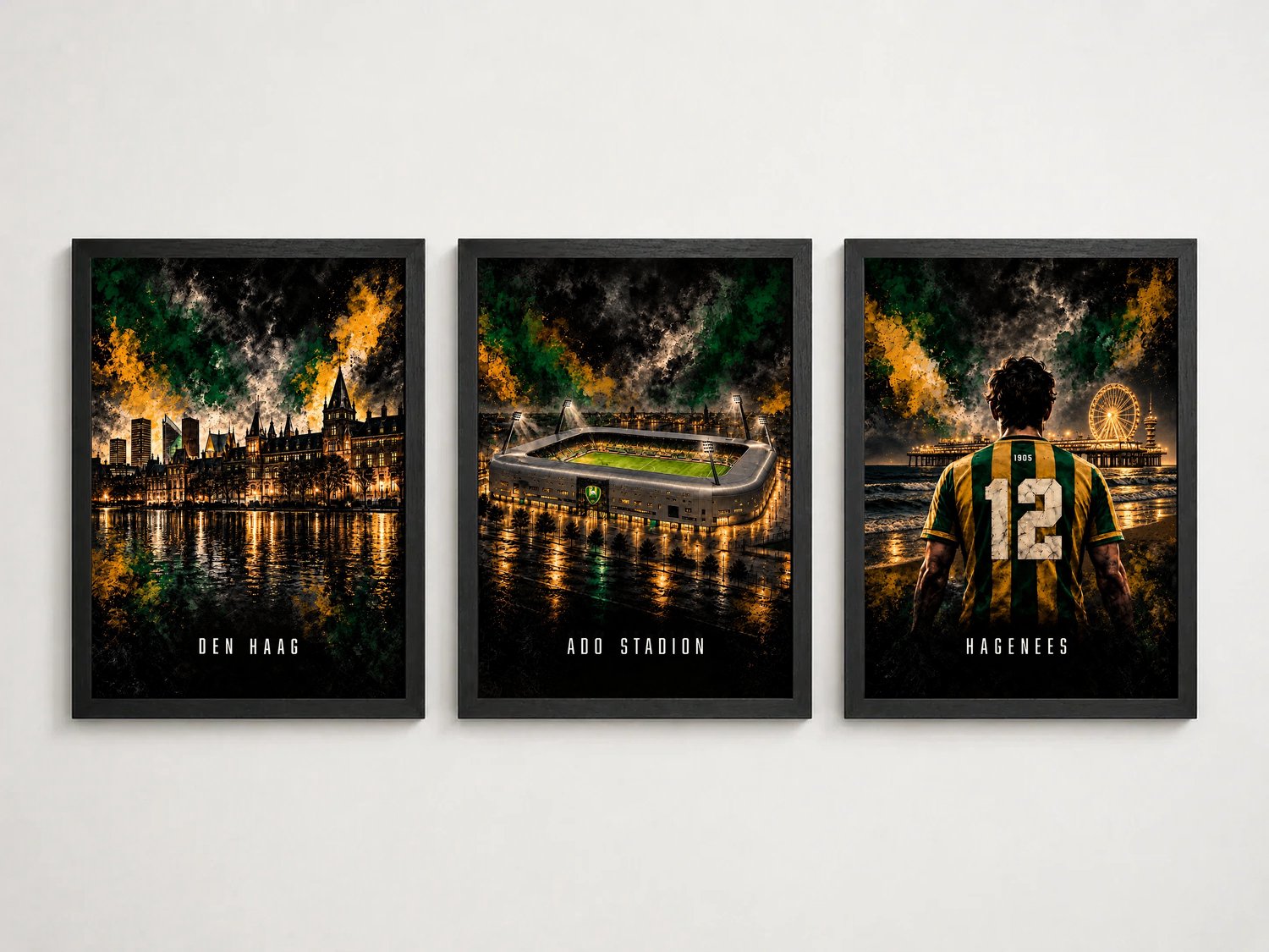 Joshimo ADO Den Haag Drieluik Poster Set | Stadion, Den Haag & Hagenees | Inclusief 3 Zwarte A4 Lijsten Groen