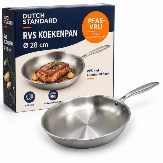 RVS koekenpan voor de verpakking, PFAS-vrij, zonder antiaanbaklaag. Inclusief afbeelding van biefstuk.