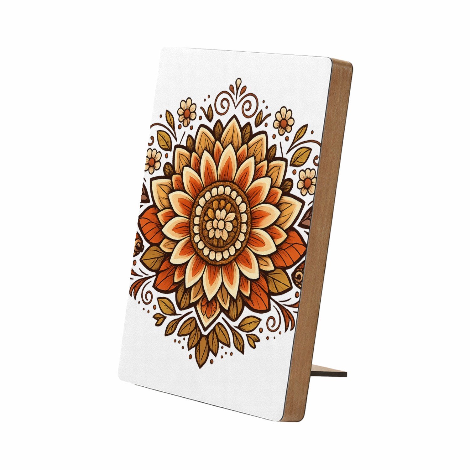 Mr Cadeautjes Glasframe/MDF 12,7 x 17,8 - design Een rustige, symmetrische zonnebloemmandala met zachte boogl | cadeau Wit