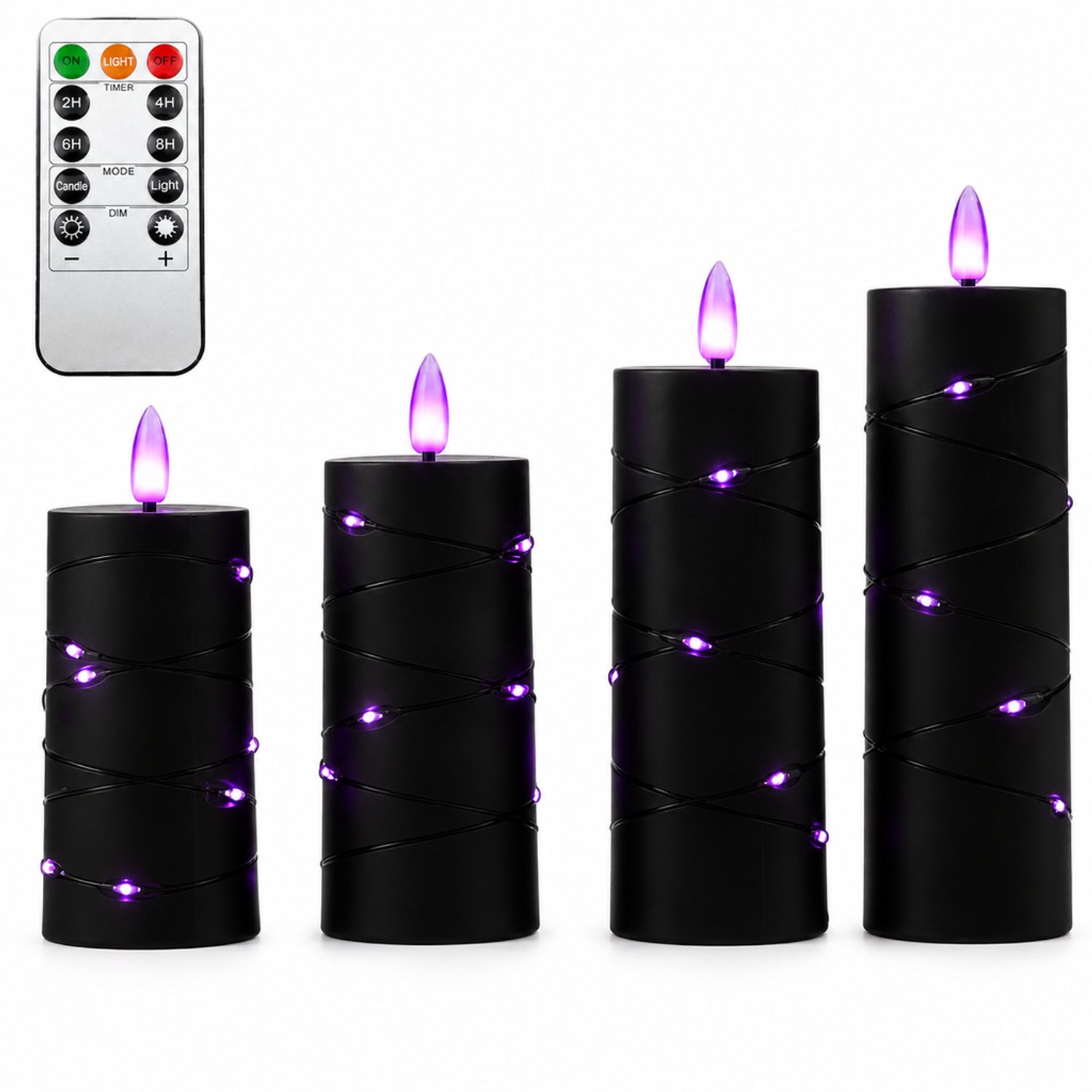 SWGOTA led kaarsen zwart, 4 per doos, paarse puntvormige vlam en lichtsnoer rondom, met afstandsbediening voor Halloween en bruiloftsdecoratie