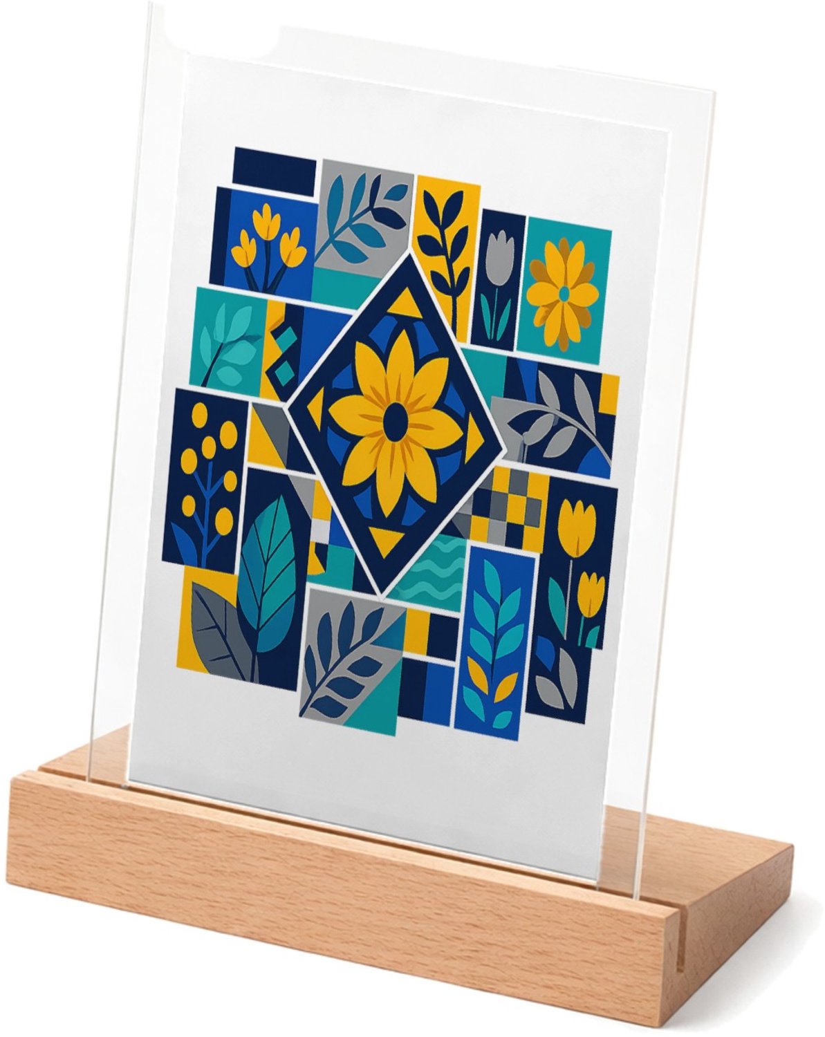 Mr Cadeautjes Glasframe met vaste tekst - design Een levendig mozaïek van botanische blokken met bladeren, bl | cadeau Wit