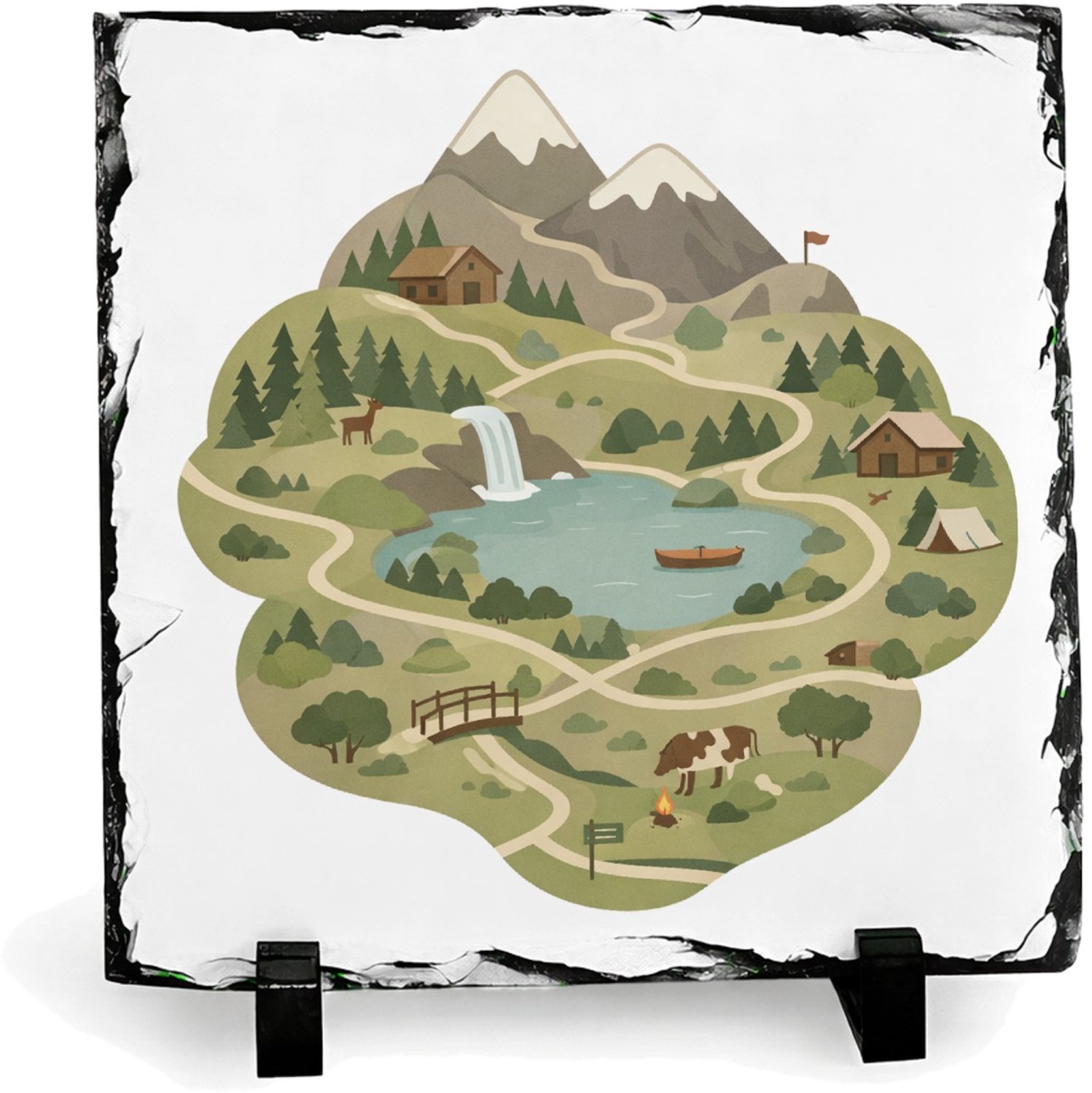 Mr Cadeautjes Leisteen vierkant 19,5 x 19,5 - design Een gestileerde bergregio met wandelroutes, hutten en kleine | cadeau Wit