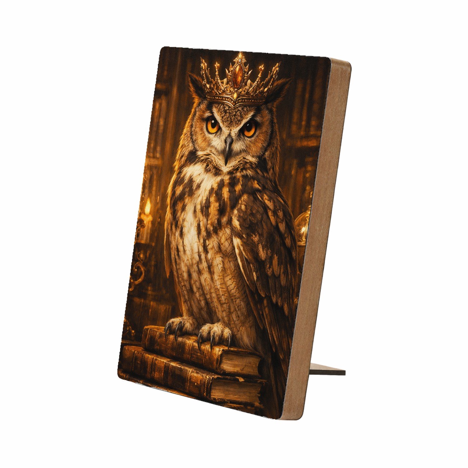 Mr Cadeautjes Glasframe/MDF 12,7 x 17,8 - design Een chique uil in een bibliotheek vol gouden licht en oude b | cadeau Wit