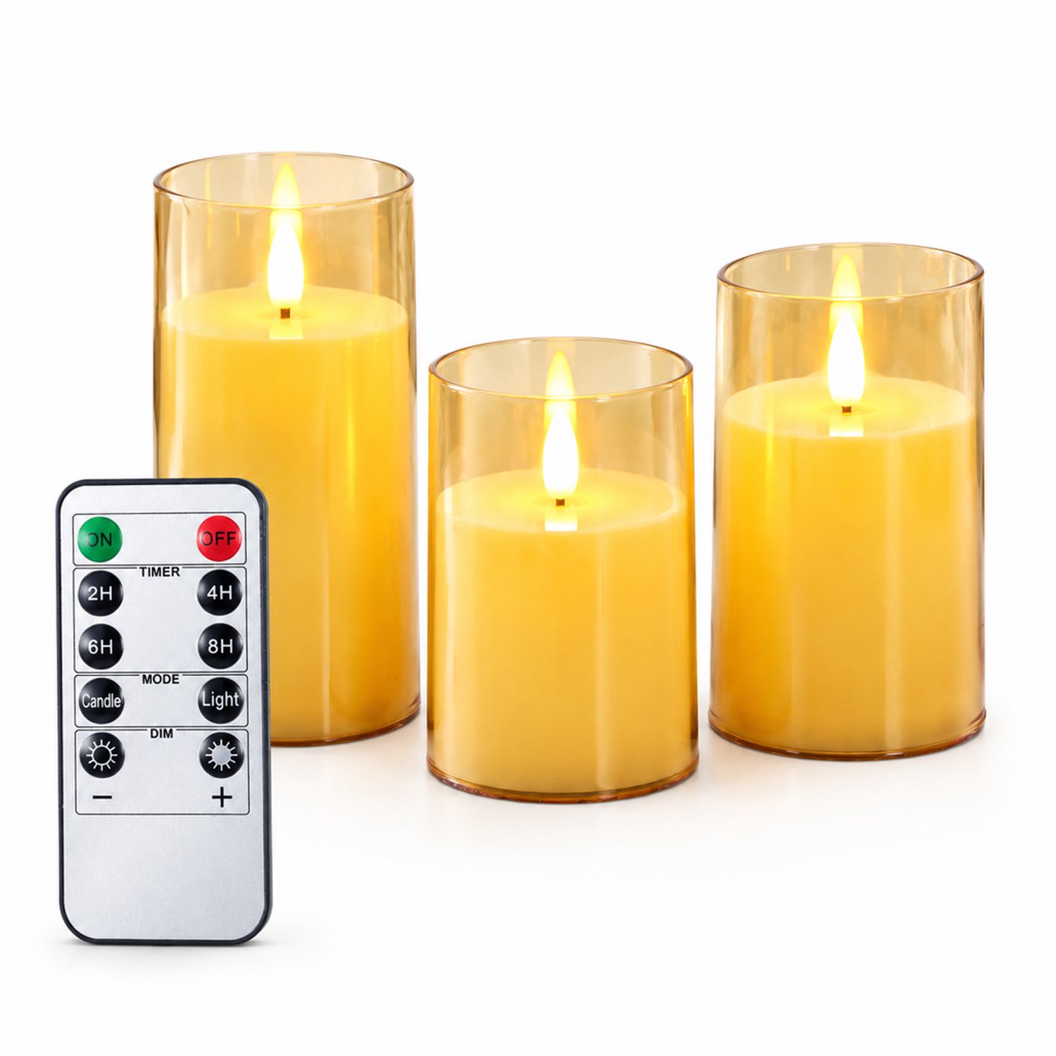 SWGOTA led kaarsen, set van 3 met afstandsbediening - bruin, vlakke bovenrand, diameter 7,5 cm, hoogtes 10/12,5/15 cm, voor bruiloften en feestdecoratie