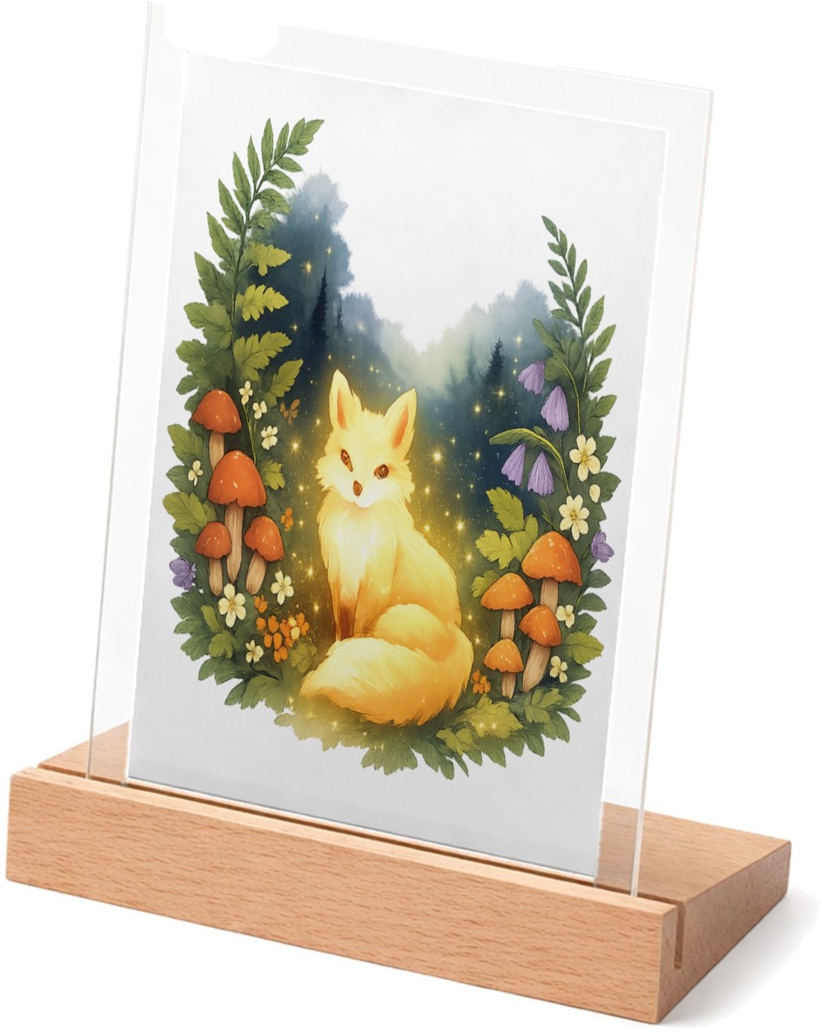 Mr Cadeautjes Glasframe met vaste tekst - design Een dromerig boslandschap met een lichtgevende vos tussen va | cadeau Wit