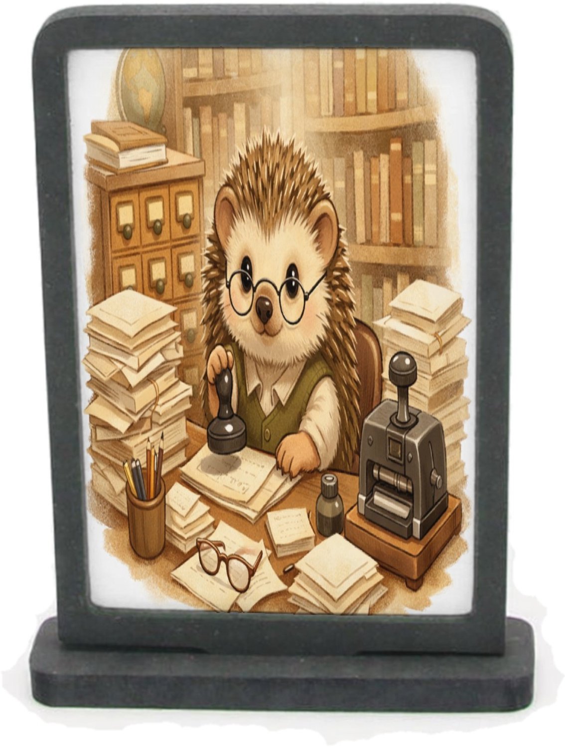 Mr Cadeautjes Houten fotolijst rechthoek met MDF inleg - design Een egel als bibliothecaris tussen hoge boekenkasten, met te | cadeau Wit