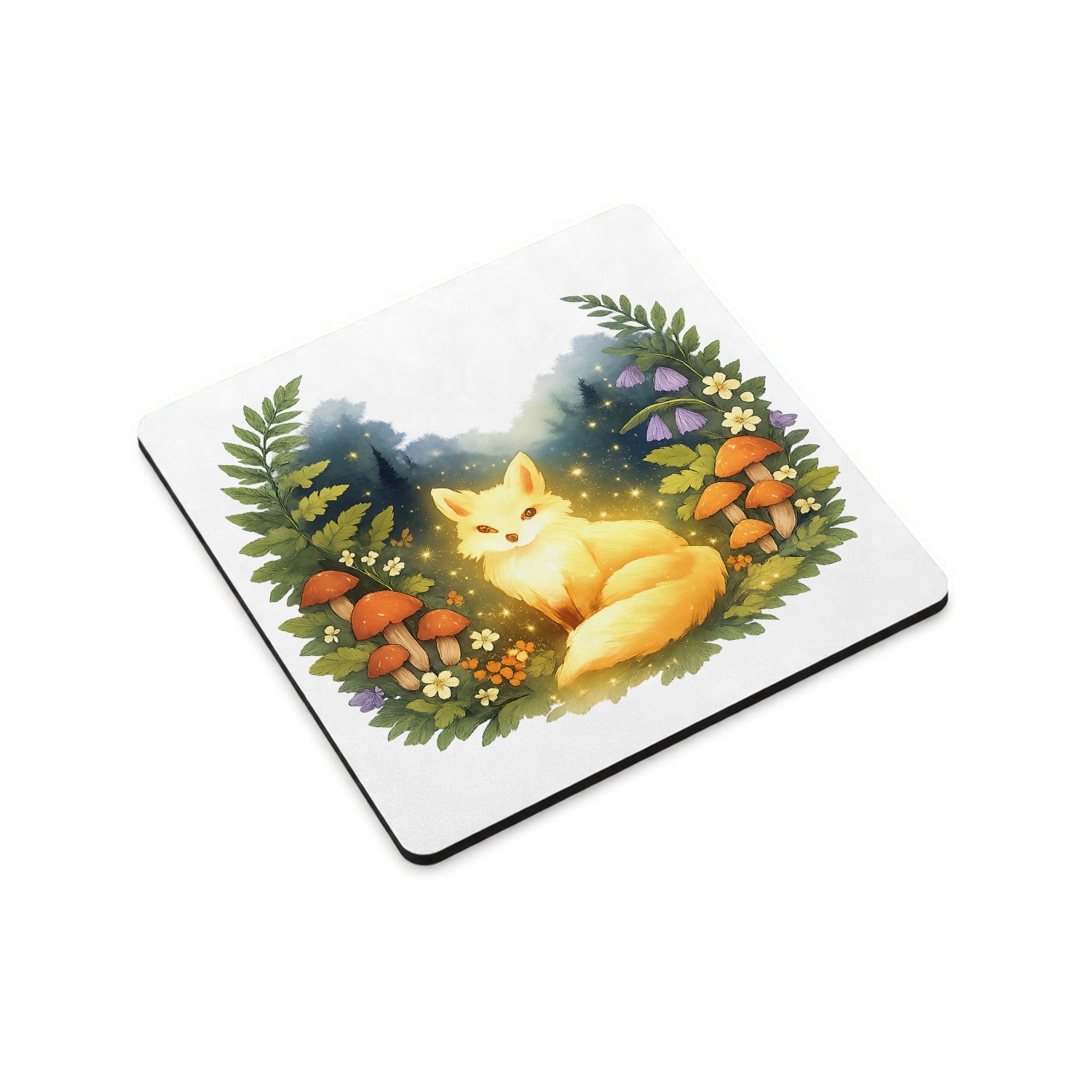 Mr Cadeautjes MDF magnetische fotolijst vierkant 9,5 - design Een dromerig boslandschap met een lichtgevende vos tussen va | cadeau Wit