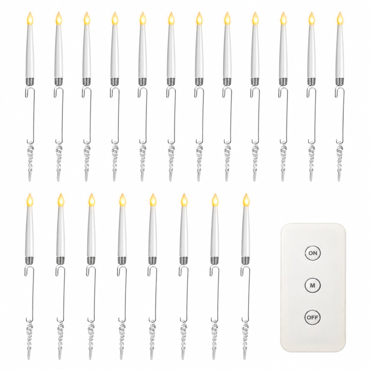 SWGOTA led kaarsen, set van 20 met haken en ijspegeldecoratie, inclusief afstandsbediening, voor kerst- en feestdecoratie Wit