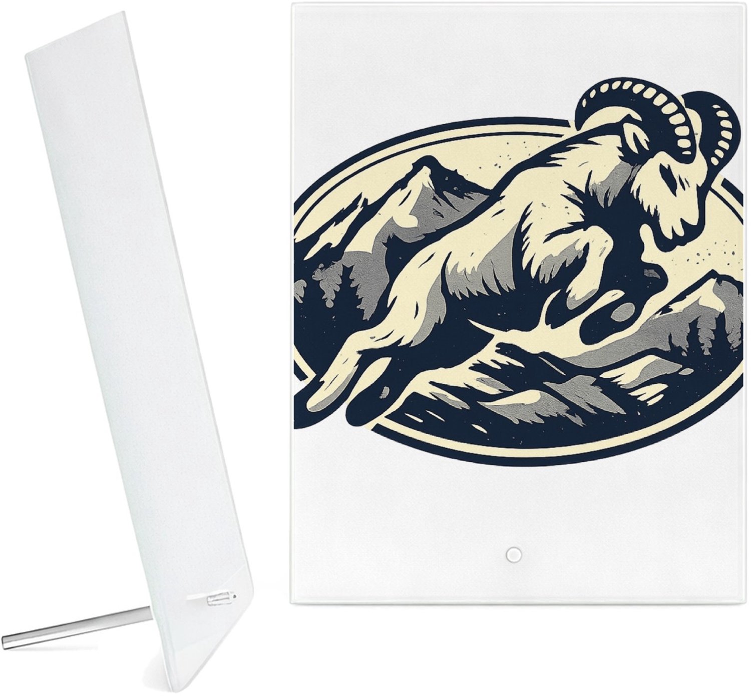 Mr Cadeautjes Glazen fotopaneel Een krachtige berggeit die schuin over een ronde badge sprin - 15 x 20 cm, staand - glas, decoratie, wanddecoratie | cadeau Wit