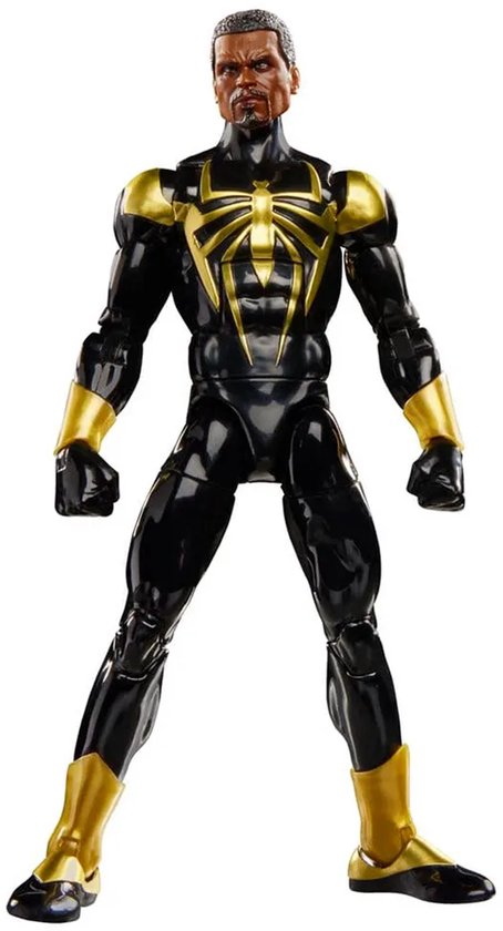 Marvel Legends Iron Spider actiefiguur van Aaron Davis in zwart-gouden harnas met ontbloot gezicht.