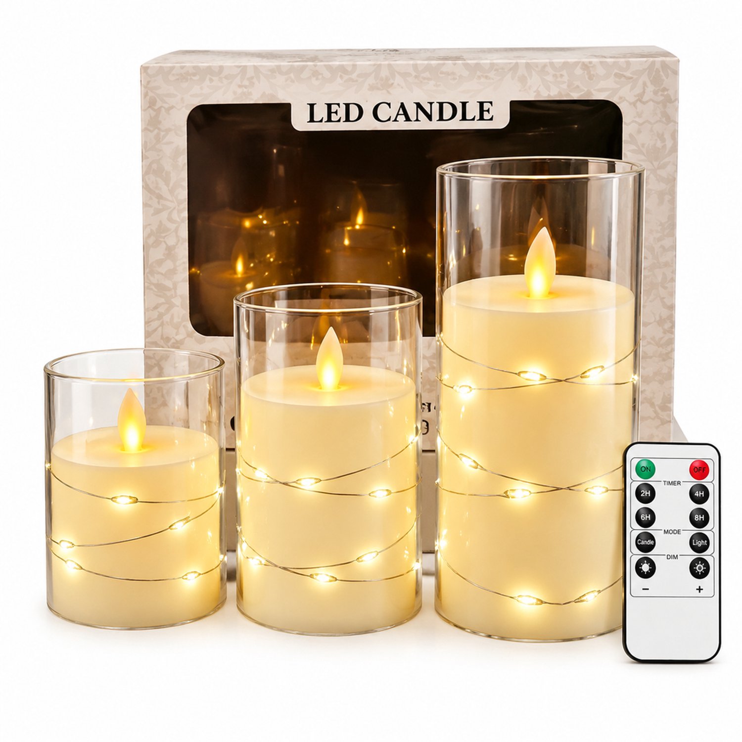 SWGOTA led kaarsen, set van 3 met bewegende vlam, warm licht en decoratieve lichtsnoeren, met afstandsbediening, voor binnendecoratie, in geschenkdoos Bruin