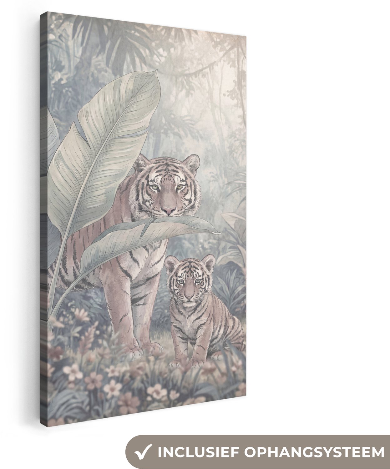 Canvas schilderij 20x40 cm - Exclusieve wanddecoratie Tijger - Welp - Jungle - Illustratie - Dieren - Muurdecoratie woonkamer - Slaapkamer decoratie - Kamer accessoires - Schilderijen op canvas