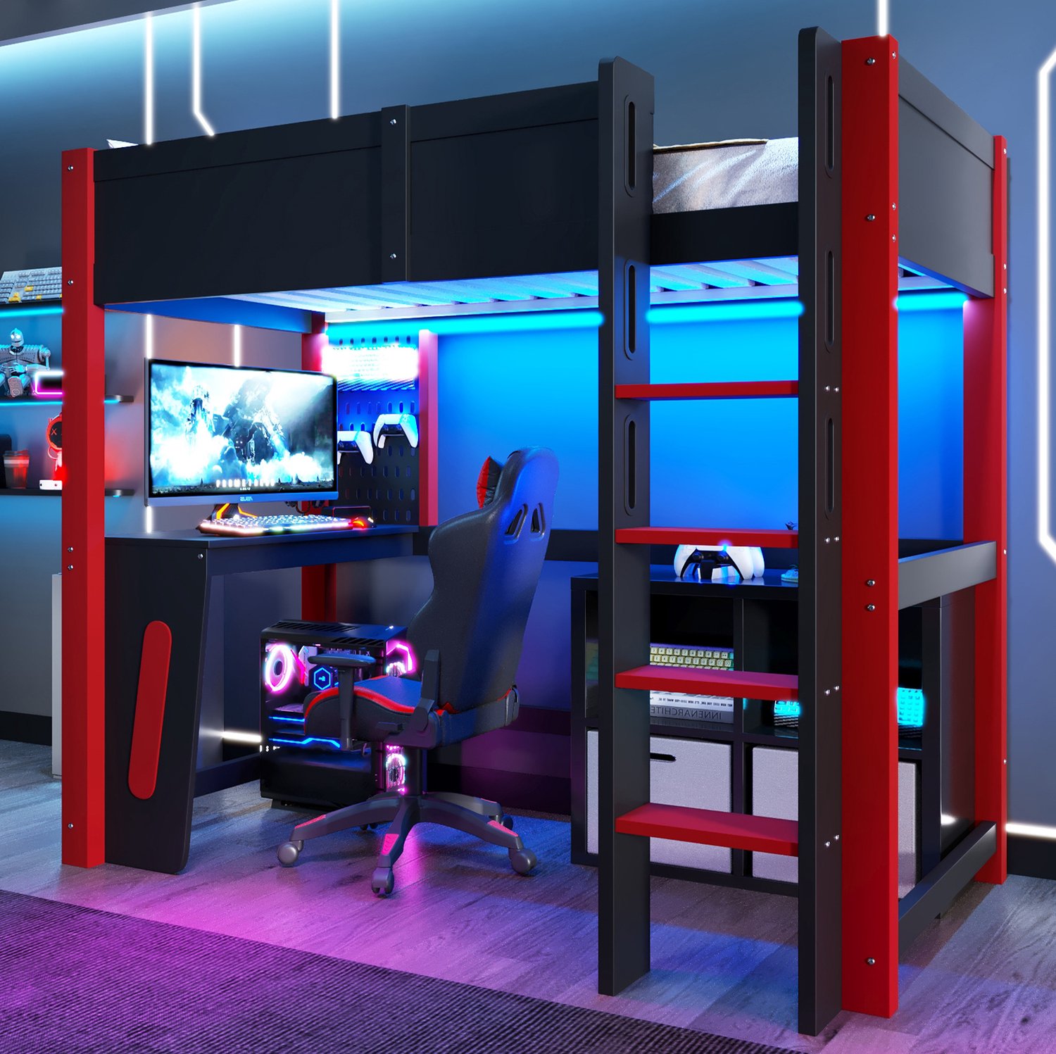 MODFU Hoogslaper - Met Bureau, Geperforeerd Paneel En LED-Verlichting - Hout En MDF - Zwart En Naturel - 90 x 200 cm