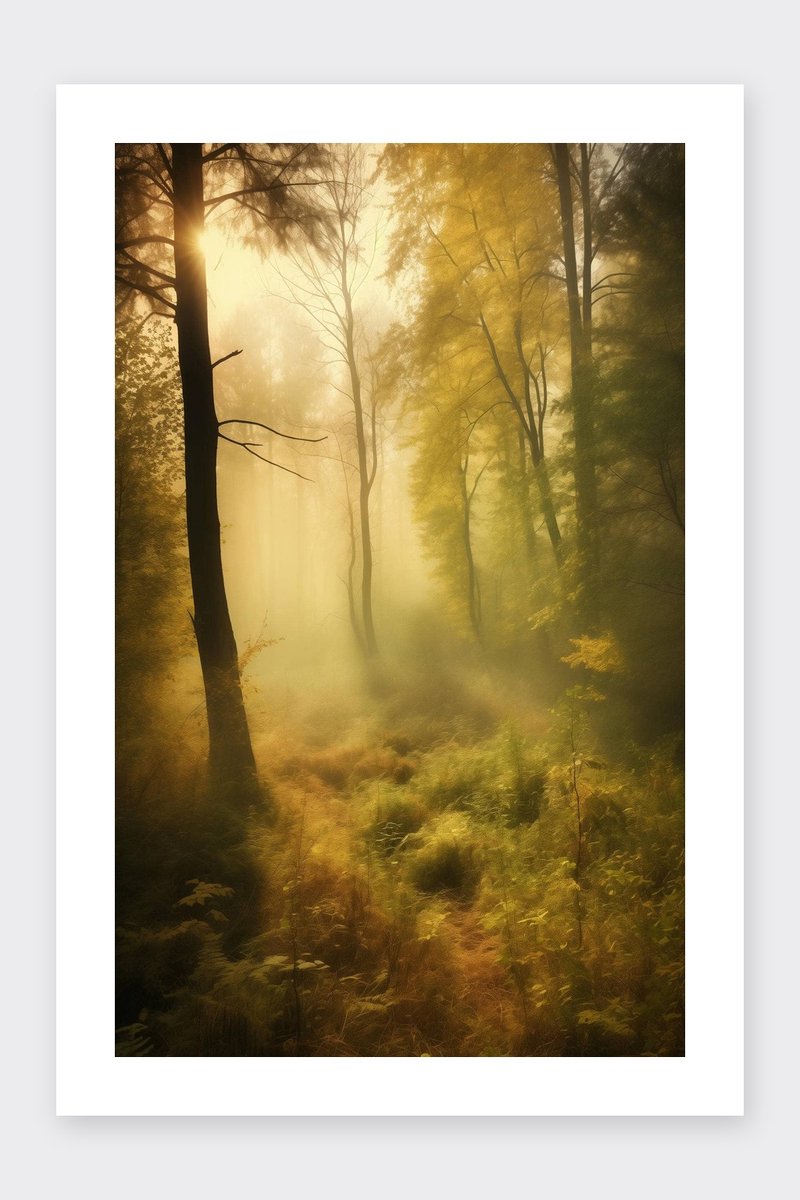 Mistig Poster - Bos - Natuur - Landschap - Mysterieus - Zonnestralen - Mystiek - posters - formaat 30x40cm - Wanddecoratie - BXS5287BY - Met kader - passe-partouts stijl