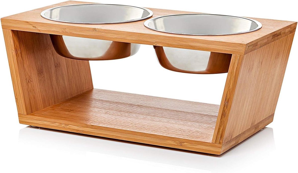 Verhoogde voerbak - Honden voerstation - Huisdier voeren - Stevig bamboe frame - 4 kommen 1500 ml - Natuurlijk